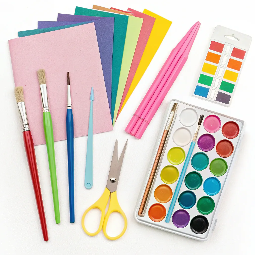 Set of colorful craft tools including scissors, paint brushes, and paper